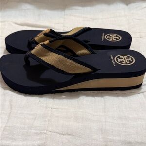 Tory Burch Black and Tan Wedge Sandals